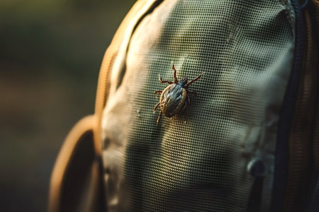 Tick is crawling on a backpack, highlighting the risk of lyme disease and other tick-borne illnesses during outdoor adventures, emphasizing the importance of tick checks and preventive measuresの写真素材
