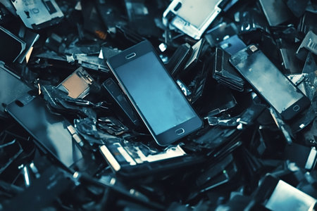 Collecting numerous broken smartphones for recycling and disposal emphasizes the increasing issue of...