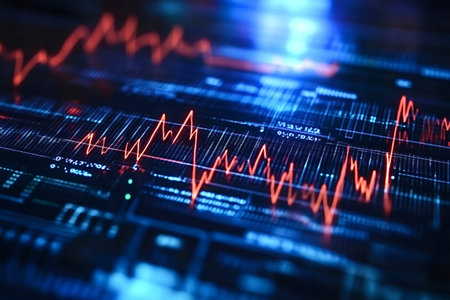 Red stock market graph fluctuating on a dark blue digital screen with gridlines and data,...