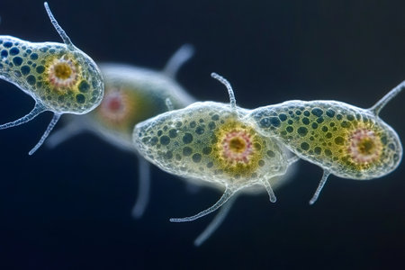 Microscopic radiolaria displaying intricate skeletons and numerous pseudopodia, highlighting unique morphology and adaptation to marine environmentsの素材