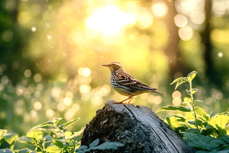 Beautiful small bird with brown and white feathers perching on a tree stump in a lush green forest at sunset, enjoying the warm golden light filtering through the treesの素材
