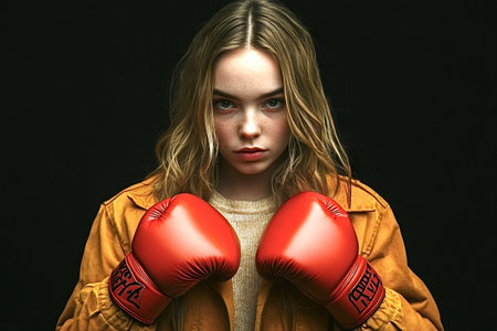 Portrait showcasing a determined young woman wearing striking red boxing gloves, exuding readiness and strength against a dark background, embodying the spirit of a fierce athleteの素材