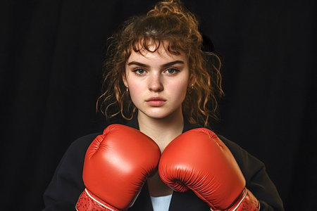 Studio portrait of a businesswoman wearing boxing gloves, conveying confidence, strength, and readiness to face challenges in the corporate worldの素材