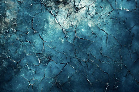 Turquoise surface displaying extensive cracks and signs of wear, creating a textured and distressed appearance, suitable for backgrounds and design elements related to age, decay, or damageの素材