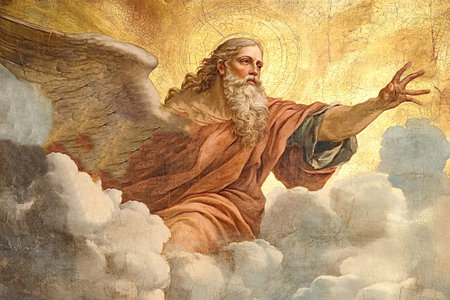 God, depicted as an old man with a long white beard, orange robe, and large wings, extends his hand amidst the clouds, symbolizing the act of creation in a majestic fresco paintingの素材