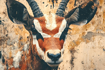 Close-up of a blesbok gazelle's face, showcasing its striking markings and expressive eyes against a weathered wall, highlighting the contrast between nature and urban decayの素材