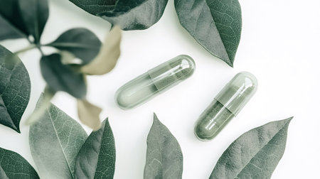 Two green herbal capsule medicines are lying on a white surface surrounded by fresh green leaves, promoting natural healthcare and alternative medicine practicesの素材