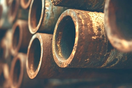Close-up of rusty metal pipes stacked horizontally, showing the effects of weathering and corrosion in an industrial setting, possibly a junkyard or storage areaの素材