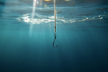 Sun rays filtering through the water's surface illuminate a fishing hook suspended in the deep blue ocean, creating a captivating underwater sceneの素材