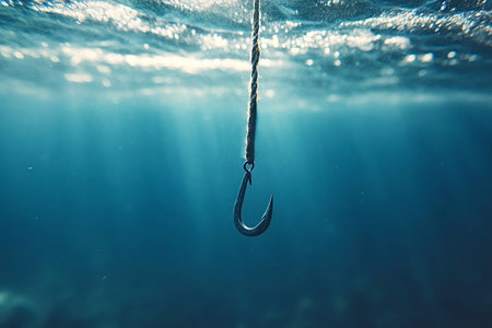 Empty fishing hook hanging on a rope underwater in the deep blue ocean, patiently waiting for a fish to bite while sunlight filters through the surface, creating a serene atmosphereの素材