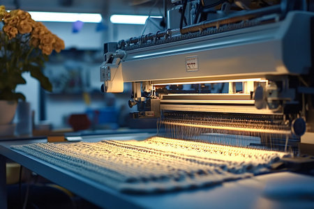 Automated knitting machine producing a warm, textured fabric in a bustling textile factory, illustrating the intricate process of modern textile manufacturing and innovationの素材