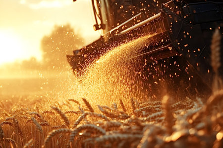 Combine harvester is pouring a stream of ripe wheat grains into its storage tank against the backdrop of a beautiful golden sunset in the field during harvest seasonの素材