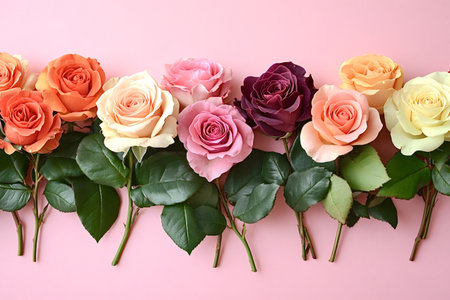 Vibrant array of colorful roses, ranging from delicate pastels to rich, deep hues, lie gracefully on...