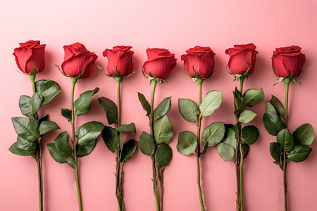 Seven long-stemmed red roses are carefully arranged in a horizontal row against a vibrant pink backdrop, creating a romantic image perfect for Valentine's day or other special occasionsの写真素材