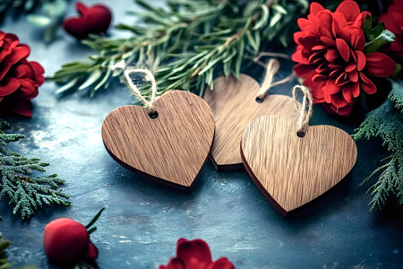 Three wooden heart ornaments are hanging amongst red flowers, pine branches, and cedar sprigs,...