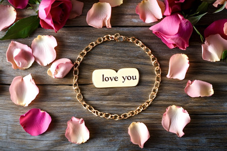Gold necklace framing a love you sign, surrounded by pink and peach rose petals on rustic wood background, creating a romantic and heartfelt declaration of affectionの写真素材
