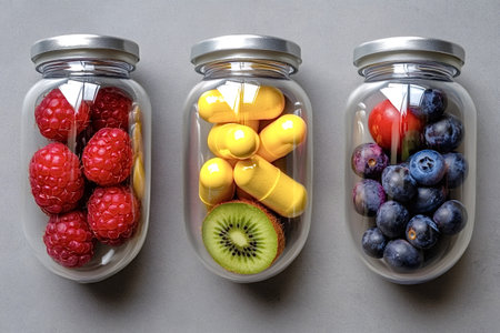 Glass jars containing raspberry, pills, kiwi fruit slice and blueberries representing food supplements providing vitamins and minerals for healthy eating and lifestyleの素材