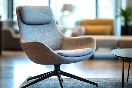 Comfortable gray armchair positioned on a soft gray carpet in a waiting room, complemented by a small round black table and a vibrant yellow sofa in the backgroundの素材