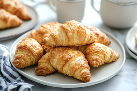 Golden brown croissants, baked to perfection, forming a tempting pile on a plate, inviting indulgence with their flaky texture and buttery aroma, perfect for breakfast or brunchの写真素材