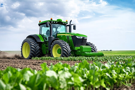 Powerful tractor working on a vast green field, plowing the land and preparing it for crops,...