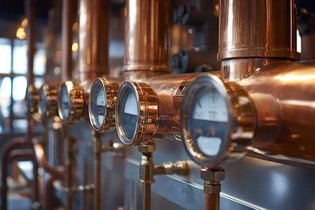 Shiny copper pipes and pressure gauges are measuring and regulating an industrial process, ensuring...