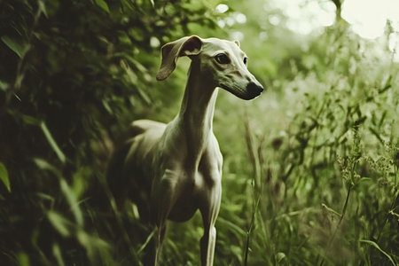 Elegant dog with a sleek, fawn-colored coat stands amidst lush green vegetation, its attentive...