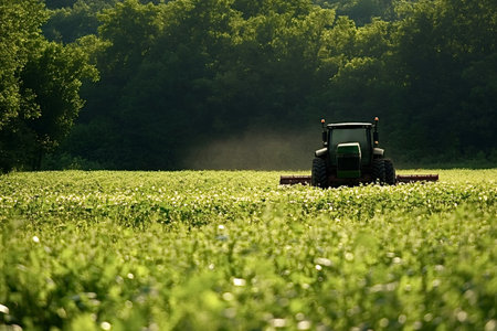 Green tractor mowing a vast field of crops near a lush forest on a sunny summer day, stirring up dust as it diligently works the land under a bright blue skyの写真素材