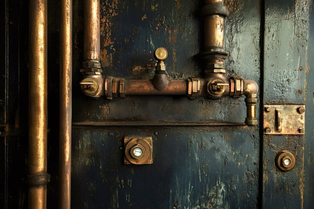 Intricate network of copper pipes and valves adorning a weathered metal door, showcasing an...