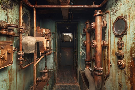 Corroded pipes, valves, and gauges create a captivating scene of decay industrial inside the engine...
