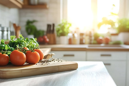 Ripe tomatoes, vibrant fresh basil, and fragrant peppercorns arranged on a wooden cutting board in a sunlit kitchen, inviting creativity for healthy meal preparationの写真素材