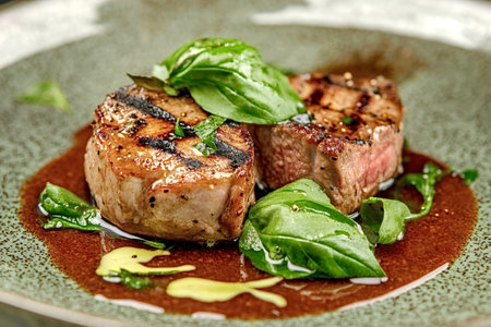 Juicy grilled pork tenderloin medallions presented on a speckled green plate, drizzled with rich...