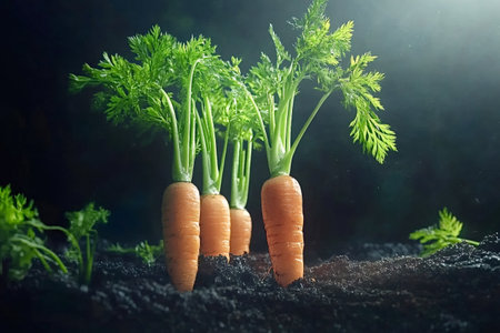 Four carrots are growing in dark soil, their vibrant green leaves reaching towards a soft, dramatic...