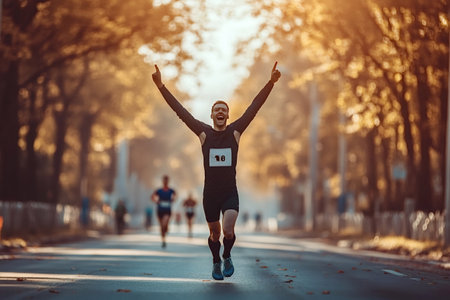 Young male athlete running a marathon, celebrating victory with arms raised in triumph, enjoying the...