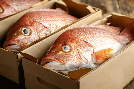 Freshly caught red snappers are carefully packed in individual cardboard boxes, ready for...
