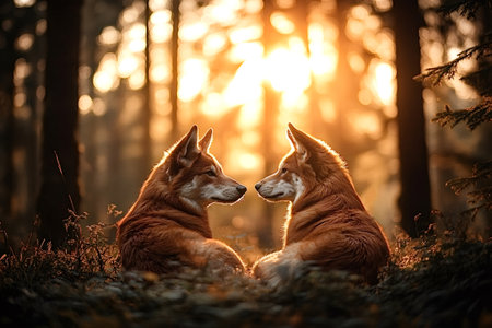 Two majestic red foxes are sitting together in the heart of a forest, bathed in the warm glow of the setting sun, creating a serene and captivating scene of wildlife connectionの写真素材