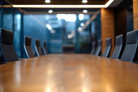 Large wooden table and black office chairs arranged in modern conference room, awaiting executives...