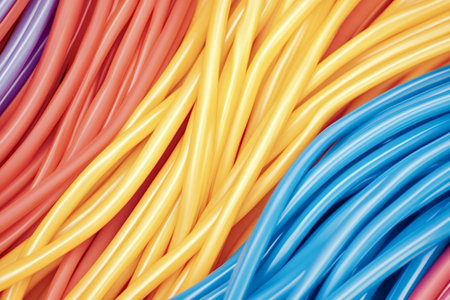 Intertwining colorful cables create a vibrant and visually striking design, ideal for backgrounds...