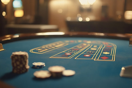 Casino roulette table with gambling chips placed on a blue felt surface, suggesting betting and...