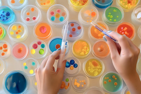Laboratory technician working with colorful petri dishes containing different colored cultures,...