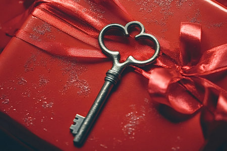 Antique silver key rests on a vibrant red gift box adorned with a sparkling red ribbon, hinting at...
