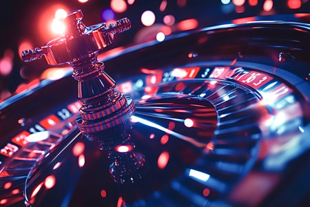 Casino roulette wheel is spinning with motion blur and colorful bokeh lights effect, creating an...