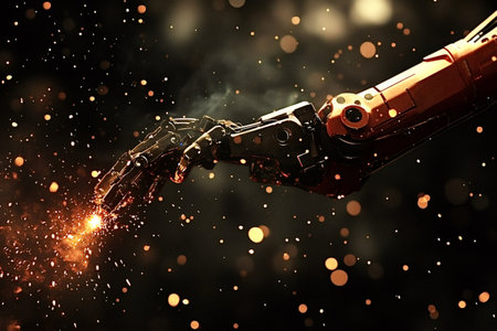 Robotic arm generating sparks and embers in dark environment, with bokeh effect in background, showcasing technological advancement and industrial automationの写真素材
