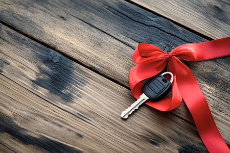 Car key adorned with a vibrant red bow resting on a rustic wooden background, representing a gift or...