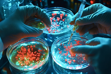 Gloved hands carefully manipulating petri dishes containing colorful bacterial cultures, conducting...