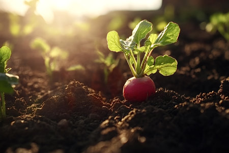 Vibrant radish grows in rich, dark soil, bathed in the warm glow of the setting sun, promising a bountiful harvest in the vegetable gardenの素材