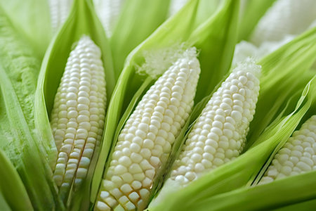 Platinum white corn on the cob showcasing its milky kernels and vibrant green husk, creating an exquisite display of nature's harvest and the beauty of fresh, organic produceの素材