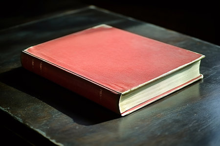 Red hardcover book with visible title and author name, lying on a dark wooden table, illuminated by a ray of light creating a high contrast sceneの素材