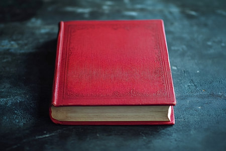 Closed antique red book with decorative cover and yellowed pages lying on a dark textured surface, evoking a sense of history and knowledgeの素材