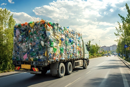 Truck carrying a large load of crushed plastic bottles driving on a highway under a cloudy sky, promoting environmental sustainability and recyclingの素材
