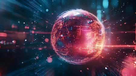 Futuristic digital earth is rotating in space surrounded by data lines and particles, symbolizing global communication and information flowの素材
